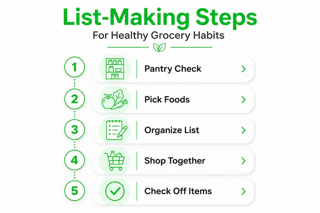 Infographic of child grocery list making steps