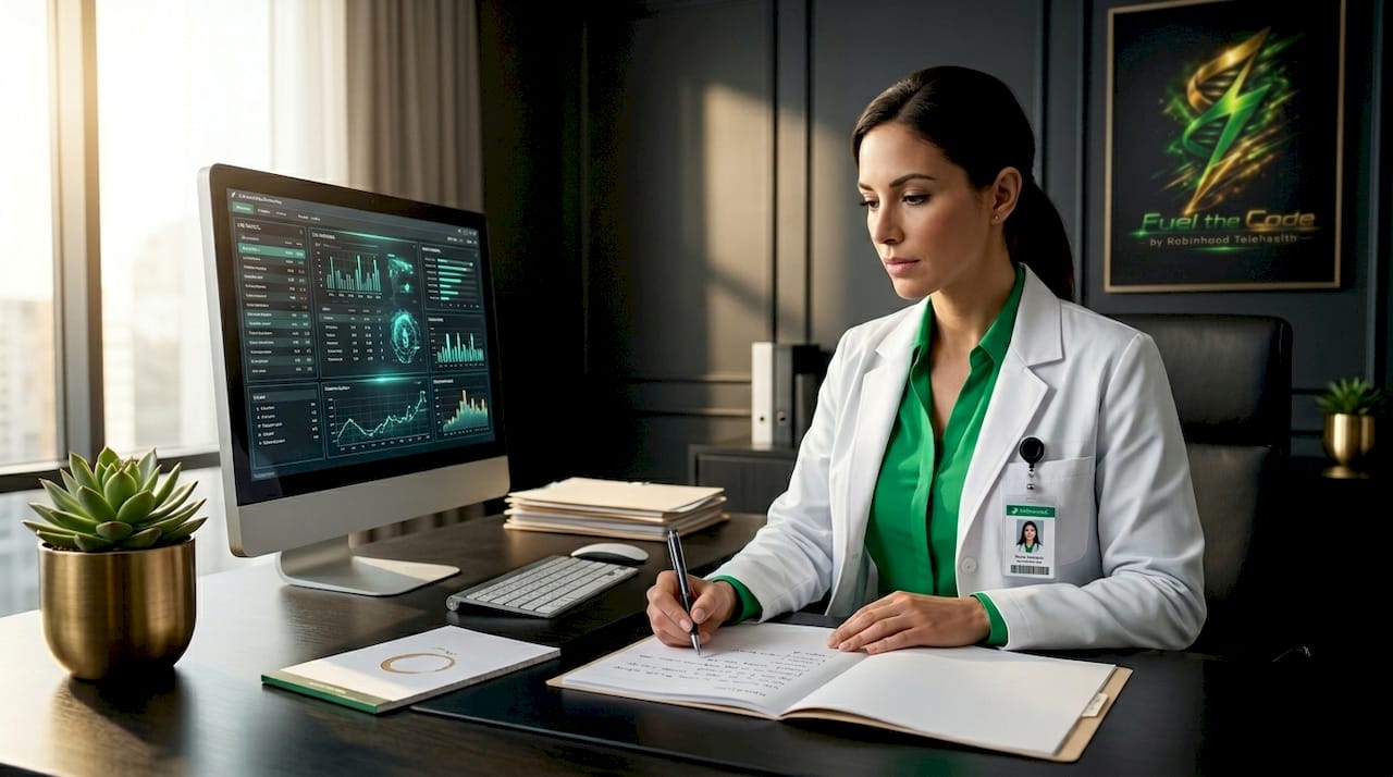 Nurse practitioner reviewing lab results at desk