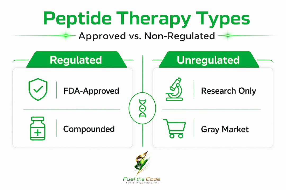Infographic showing regulated and unregulated peptide therapy categories
