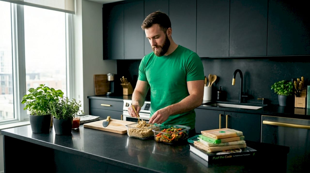 Man meal prepping in bright apartment kitchen