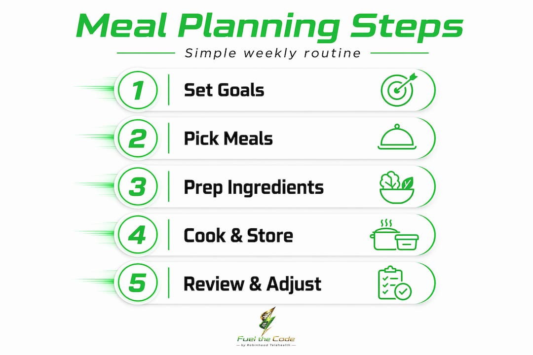 Infographic showing meal planning weekly steps