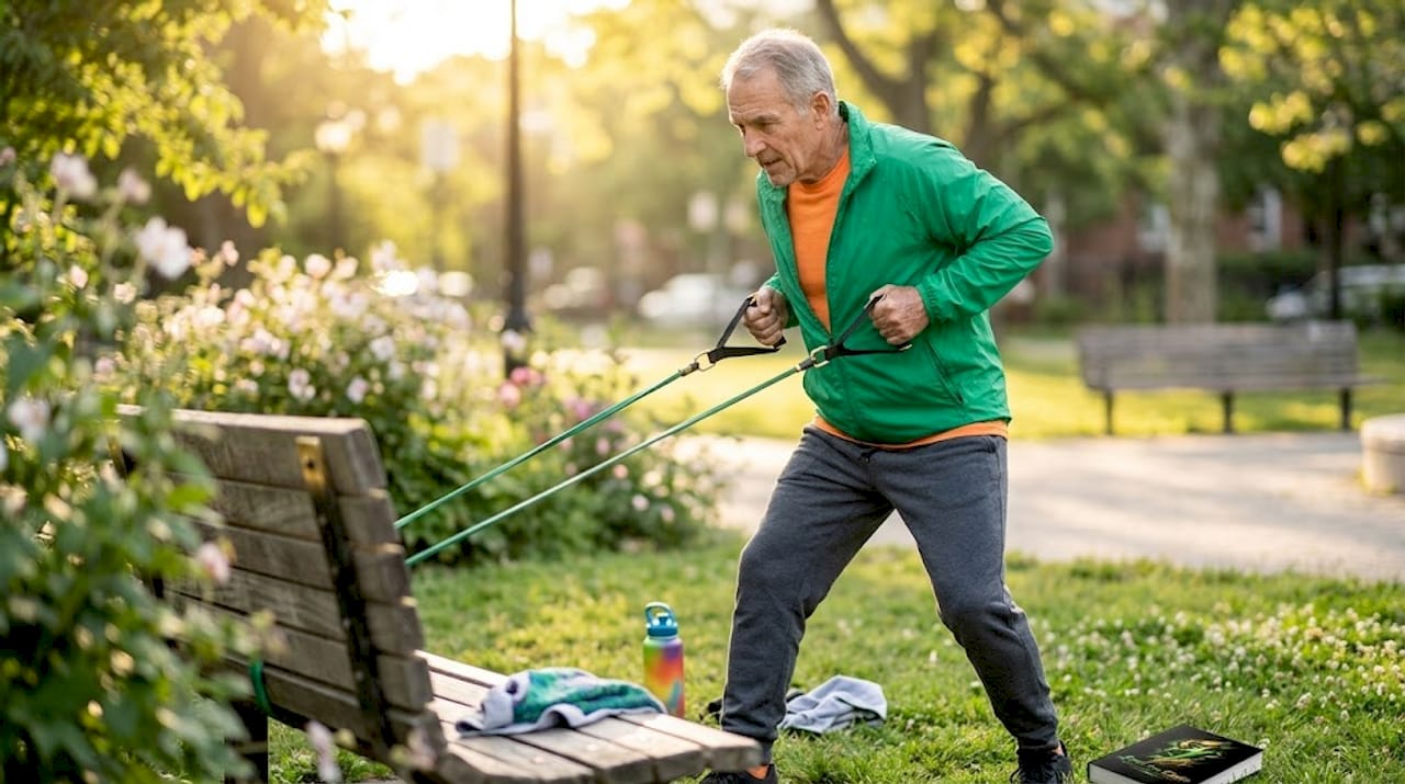 Senior man exercising with resistance band outdoors