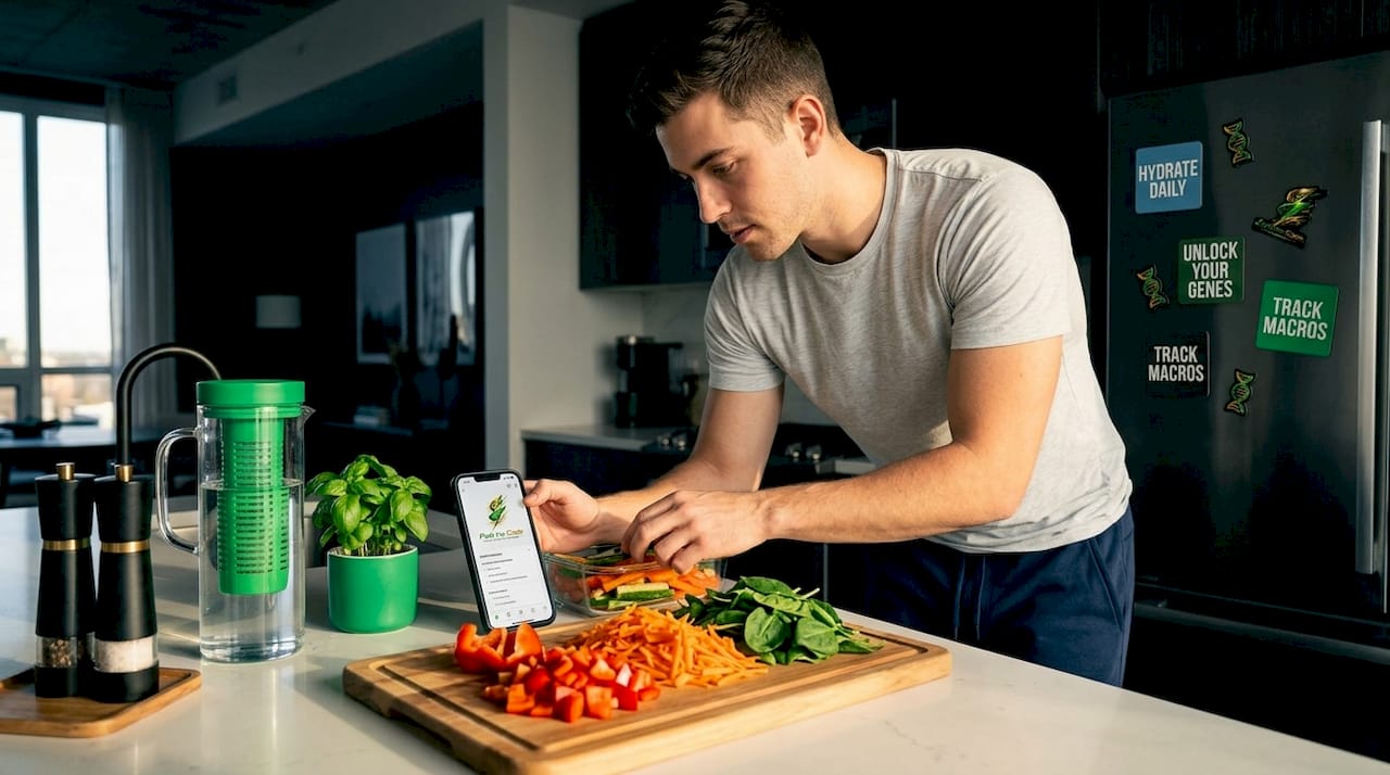 Man follows personalized meal plan in kitchen