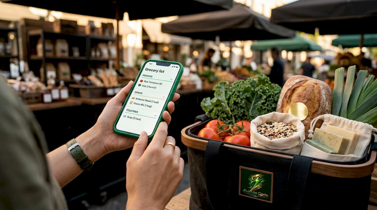 Smartphone showing AI grocery list with shopping basket
