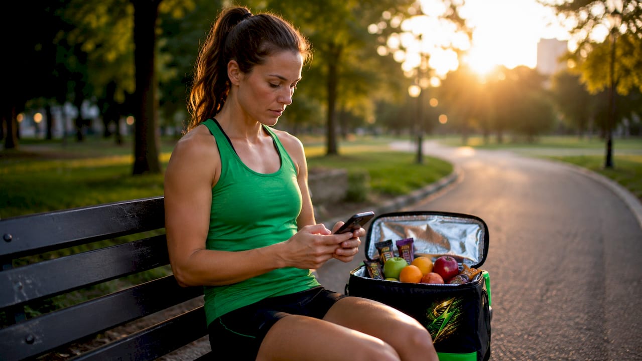 Athlete using nutrition app outdoors on bench