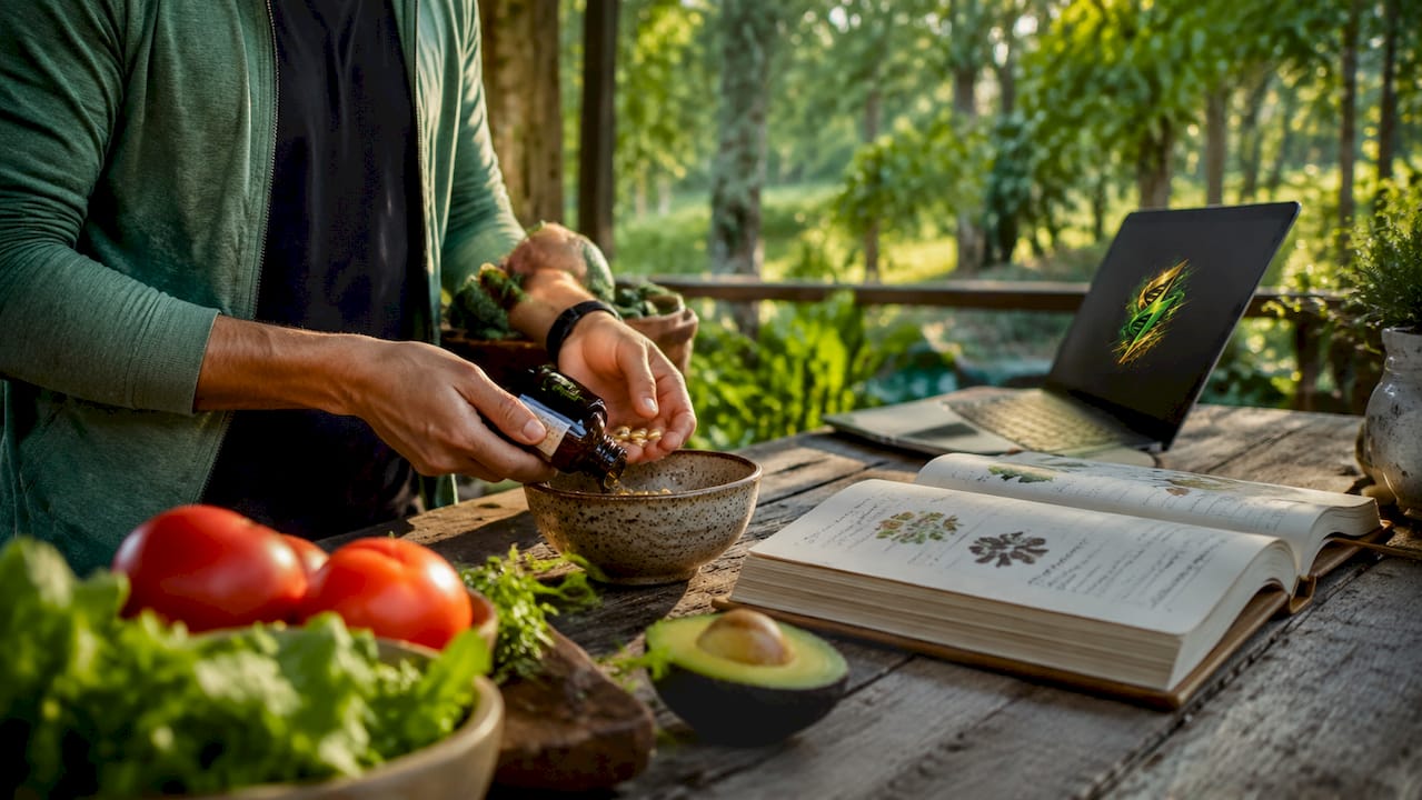 Hands holding supplements and calcium-rich foods