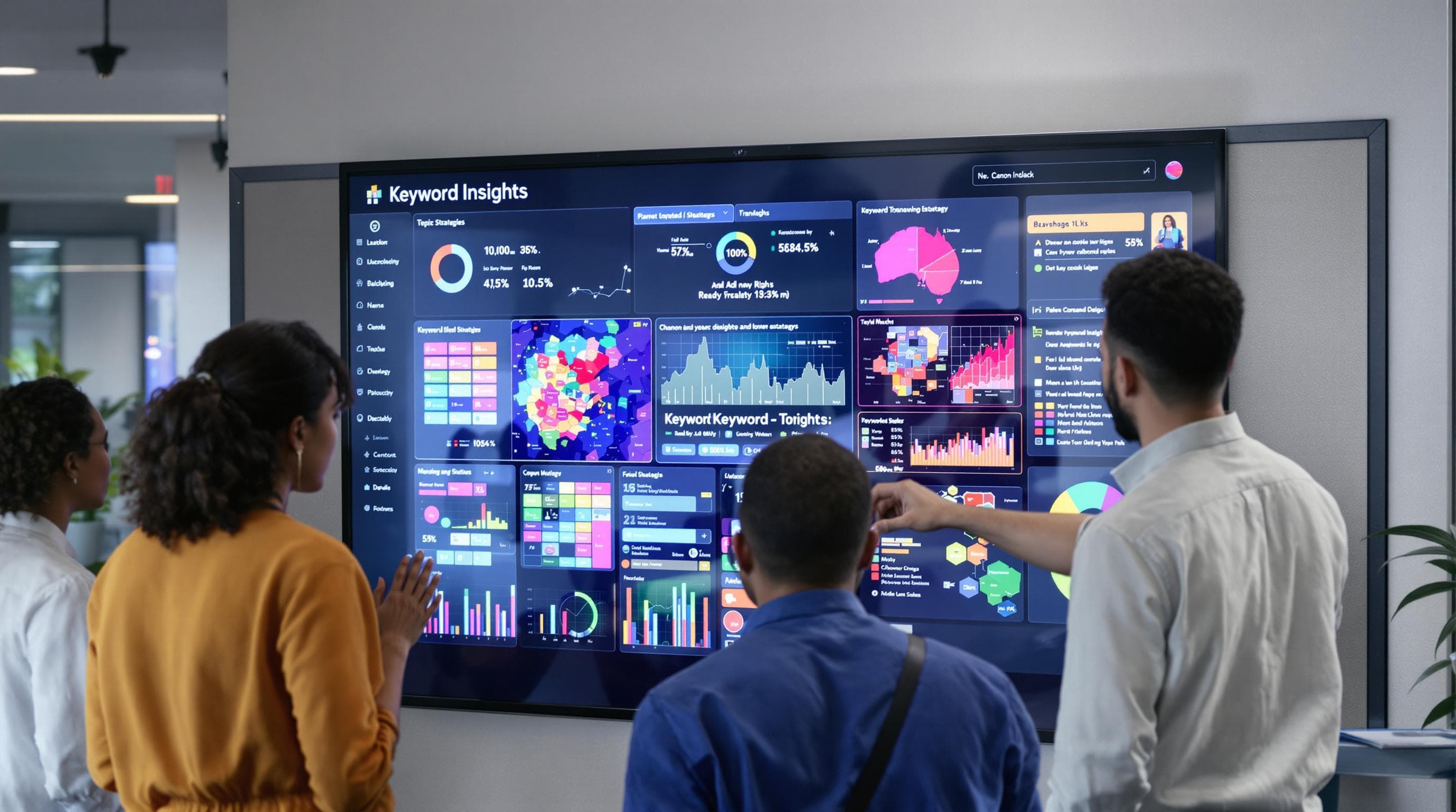 Team collaborates on keyword research and SEO insights in office