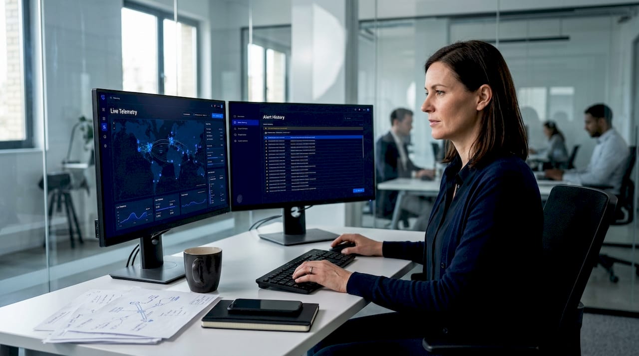 Woman using advanced network dashboard at workstation
