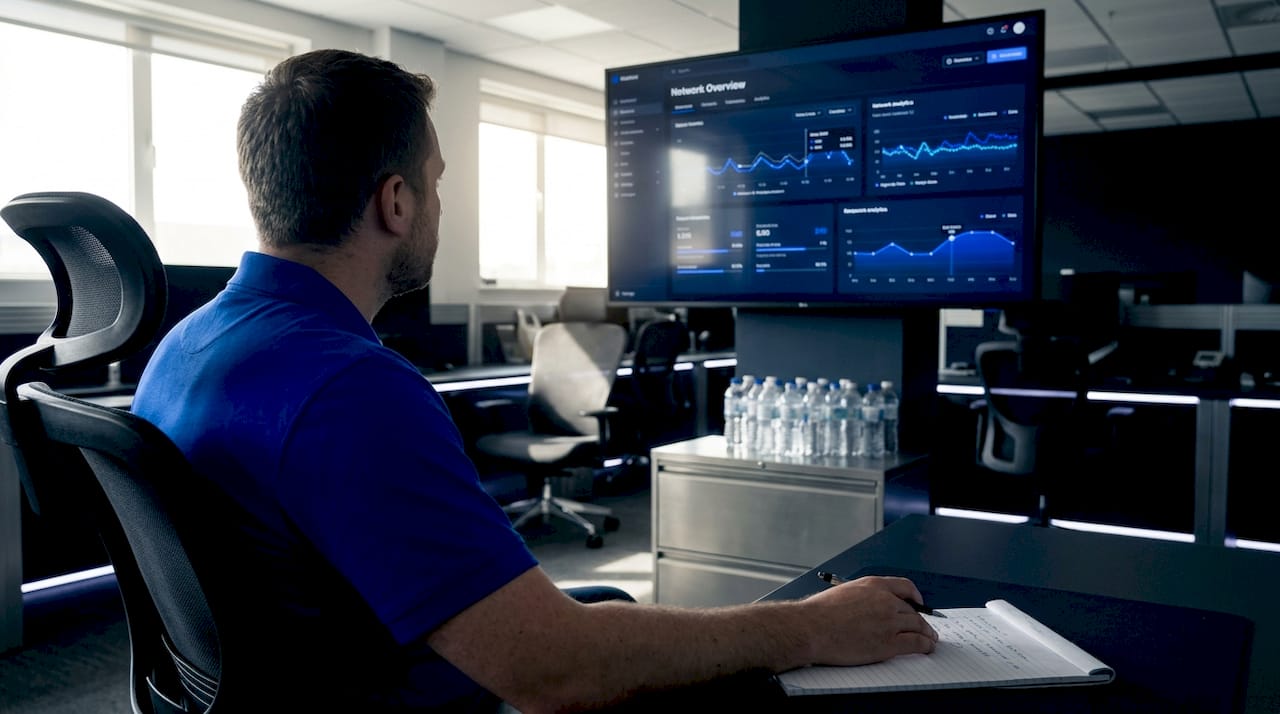 Engineer reviewing real-time network dashboard display