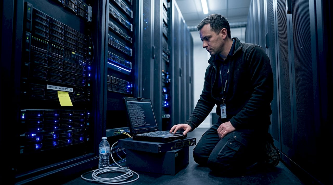 Admin checking network hardware in equipment room