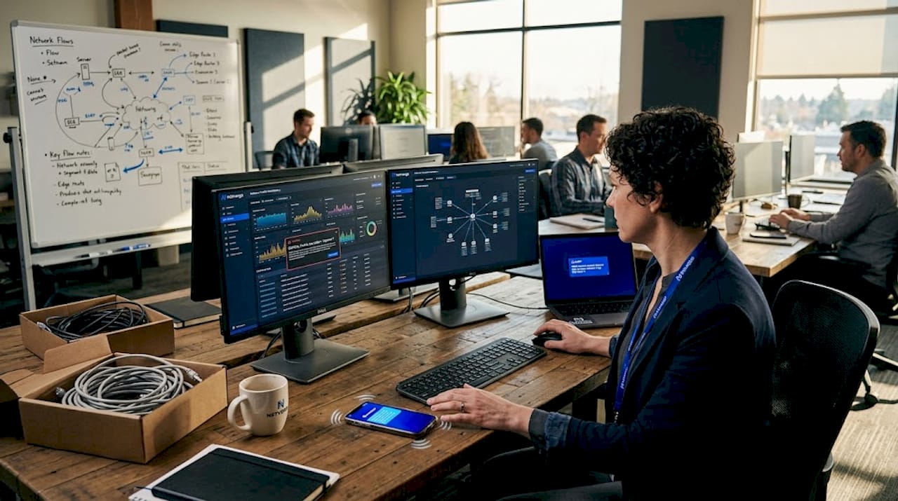 IT leader monitoring network at shared office desk