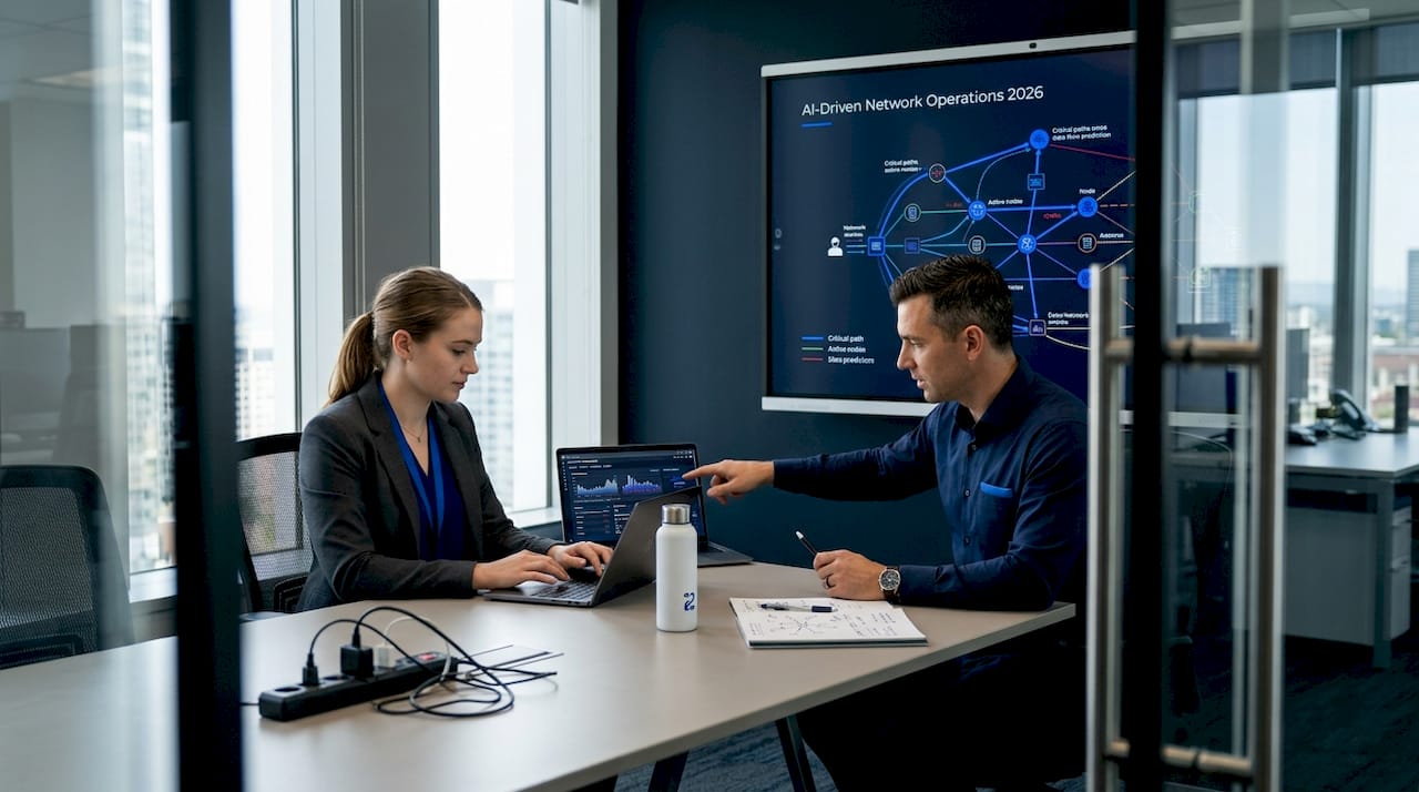 IT professionals discussing network operations with AI