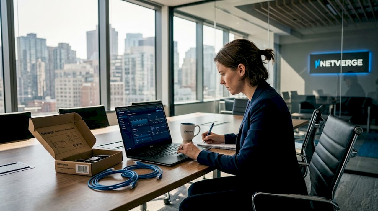 IT manager reviewing network interface on laptop