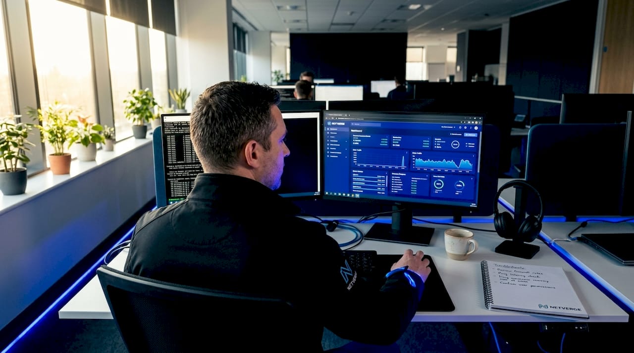 IT professional watching network dashboard in office