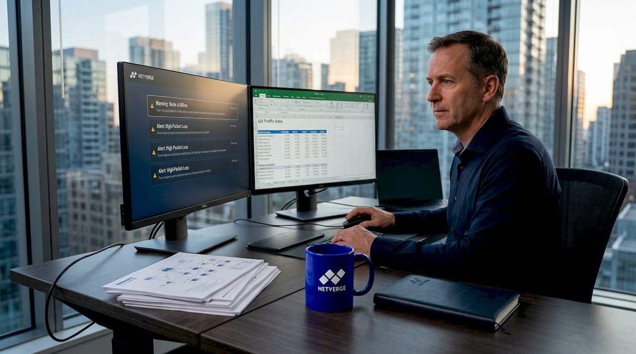 IT manager tracking network alerts in office