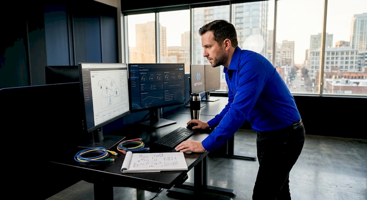 Network engineer monitoring data on dual screens