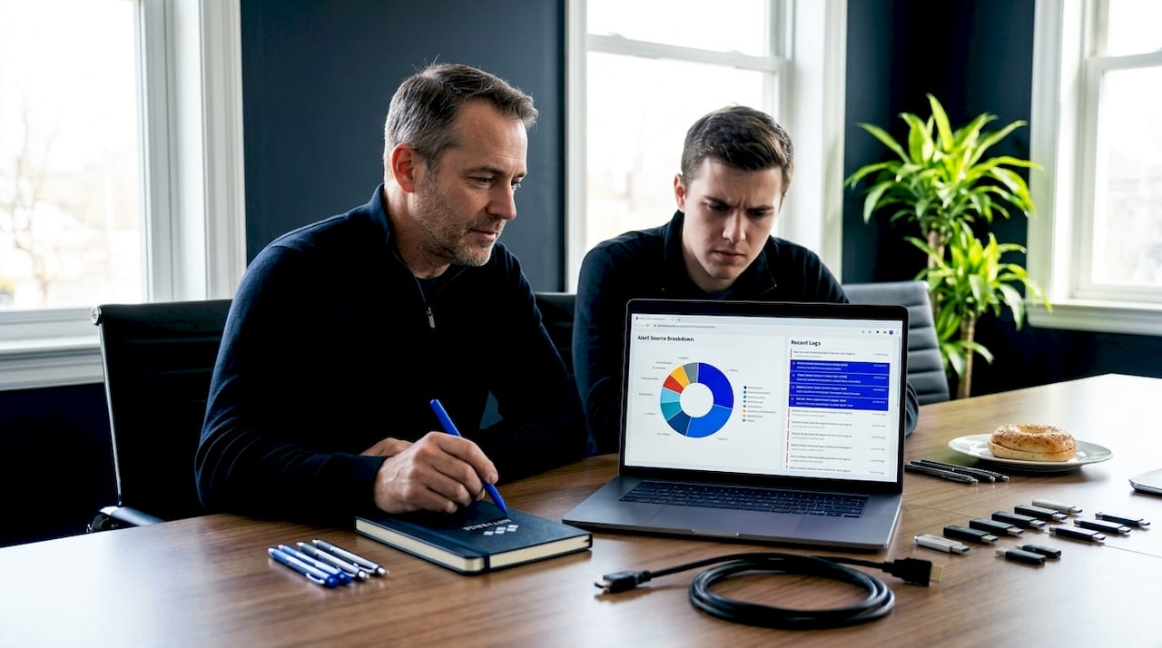 IT team reviews network alert sources together