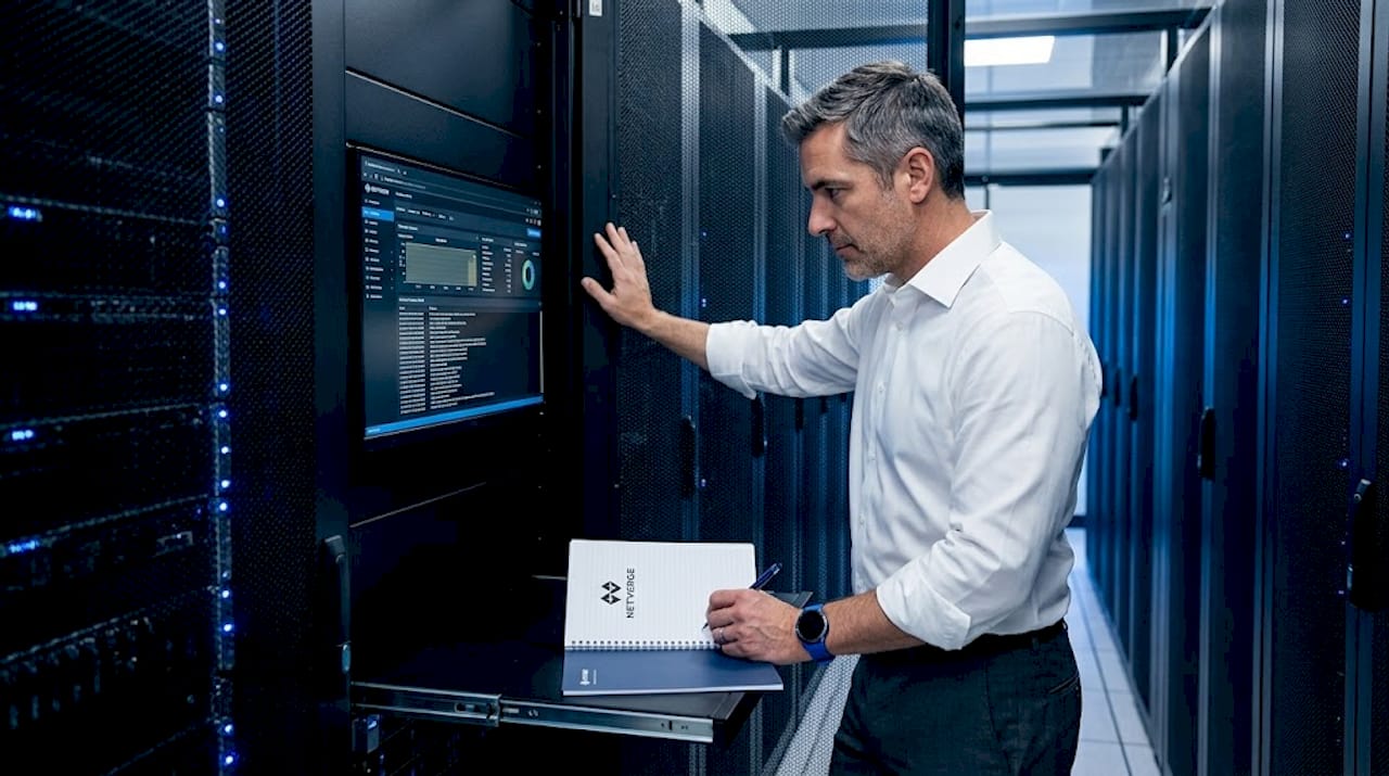 Technician reviews monitoring logs in data center