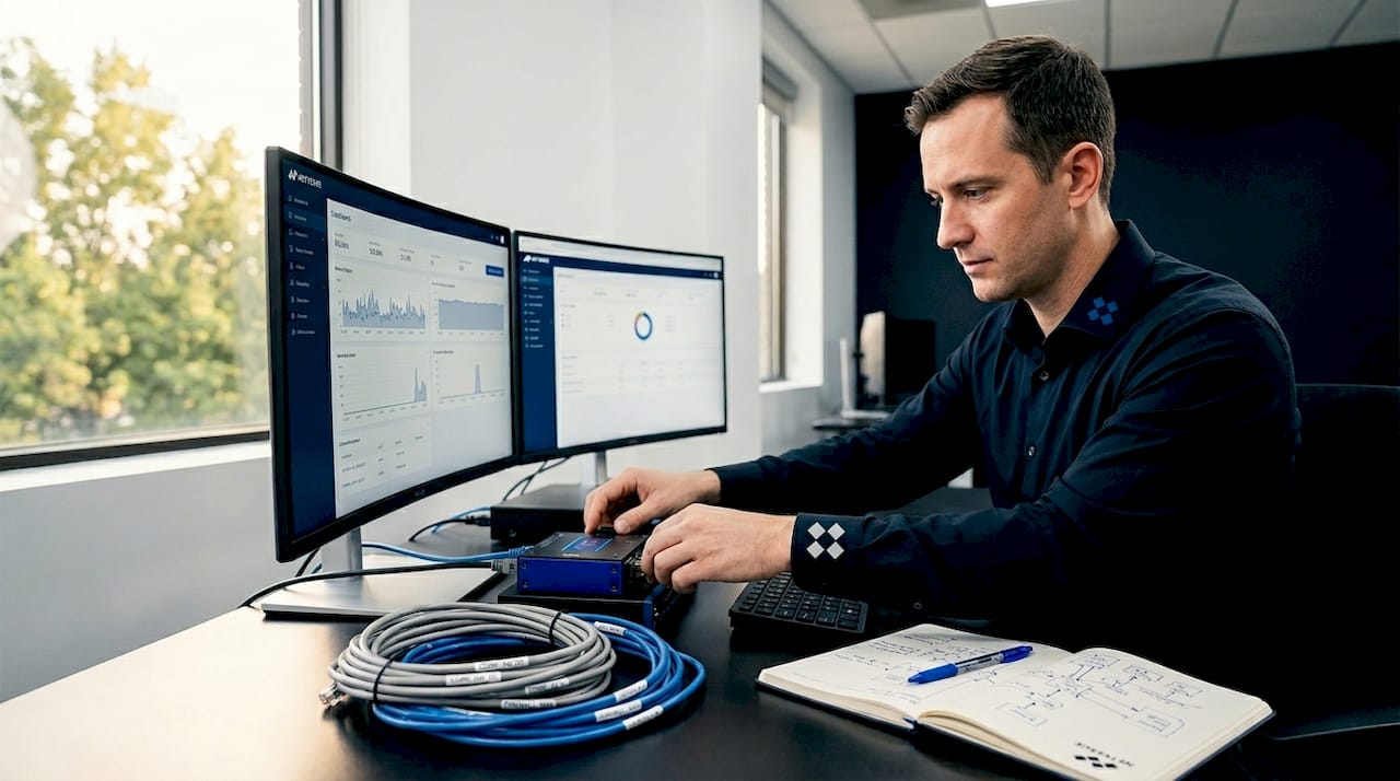 Network admin checking monitors and hardware TAP