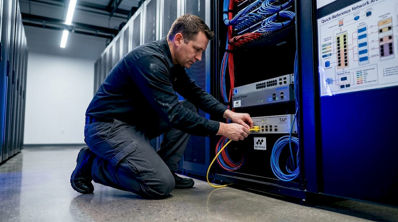Technician connecting cable to hardware TAP in cabinet