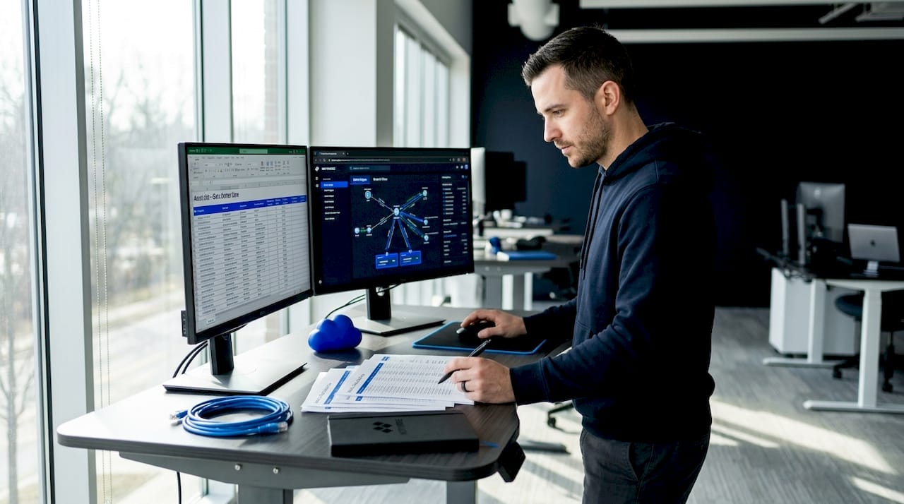 Analyst reviewing asset inventory spreadsheet