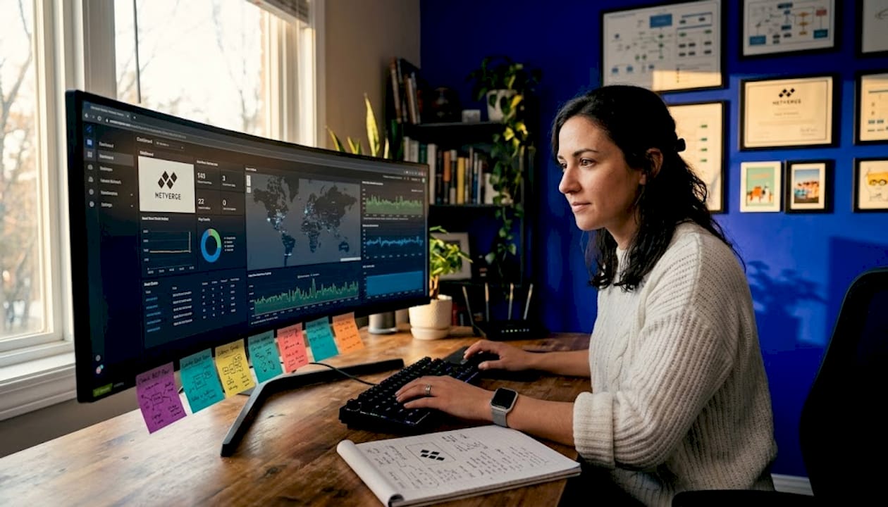Network engineer checks monitoring dashboard at desk