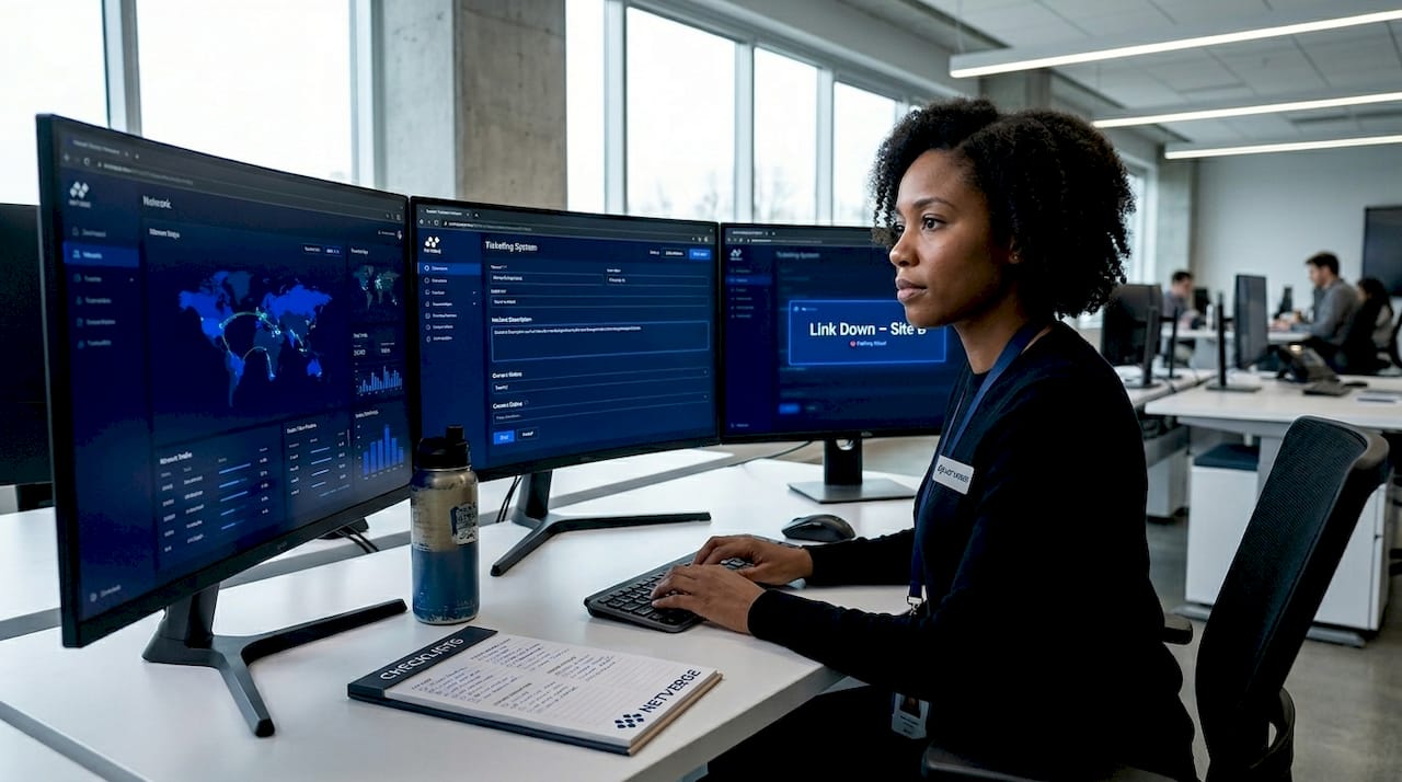 NOC analyst monitoring network alert screens