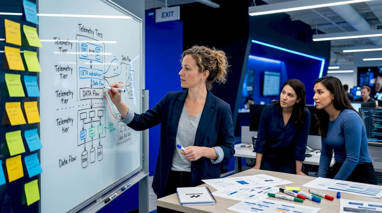 Engineer illustrating telemetry tiers on whiteboard