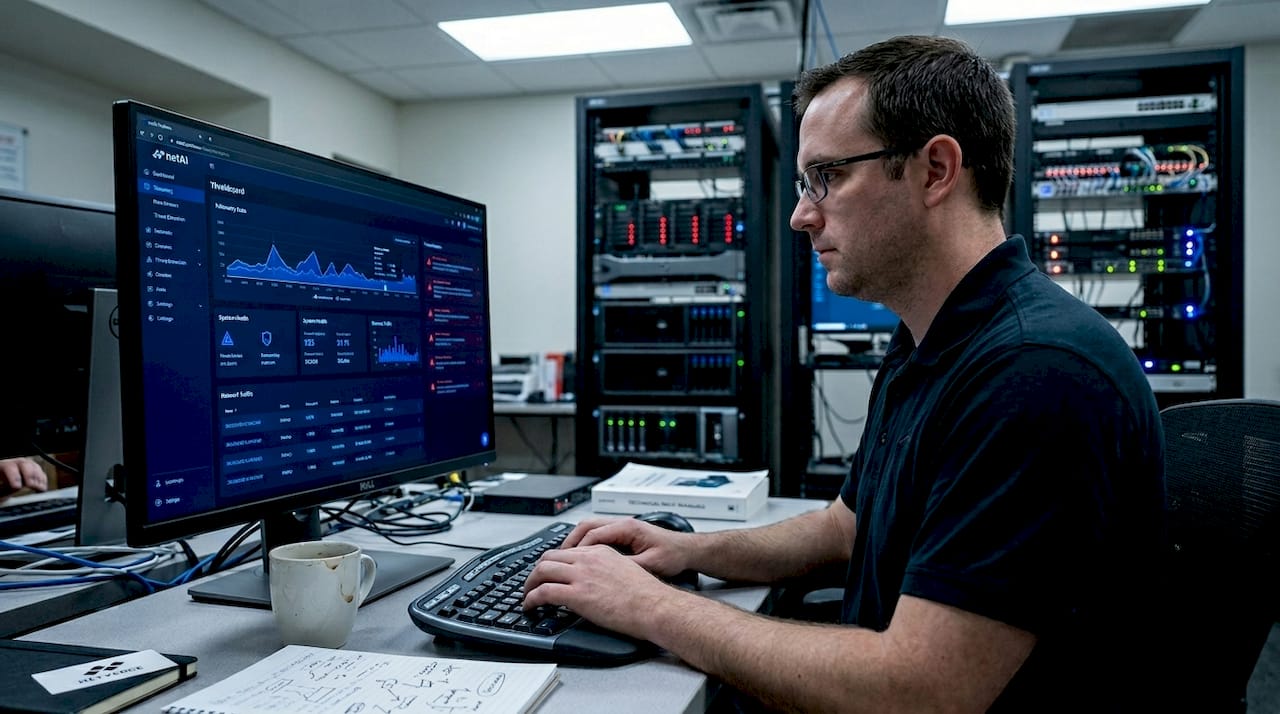 Network engineer using netAI platform in operations room