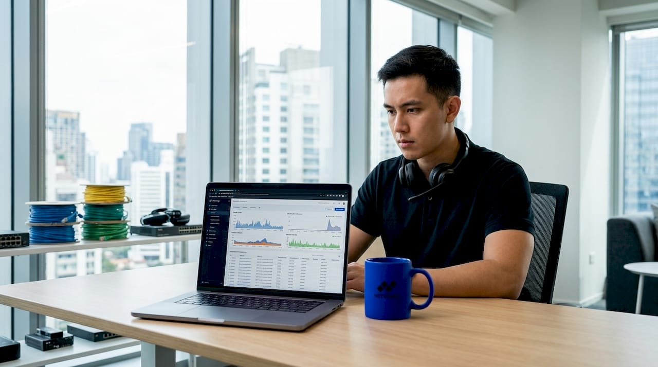 Analyst reviewing network traffic data in server room