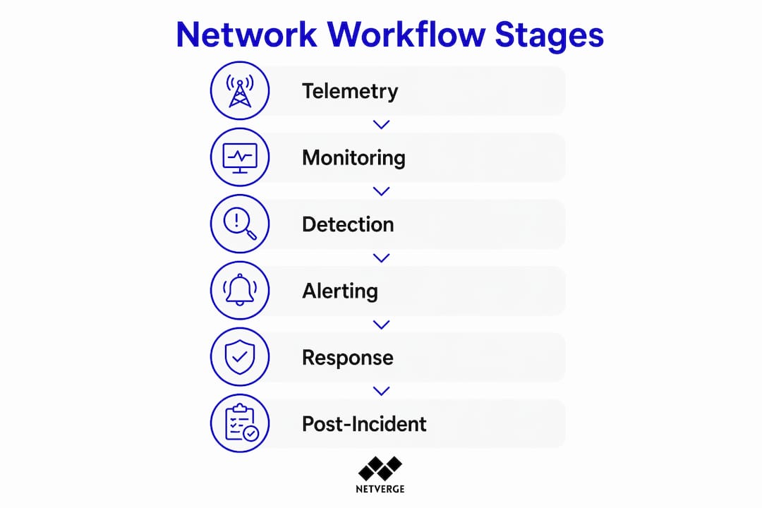 Infographic showing six primary stages of network operational workflow