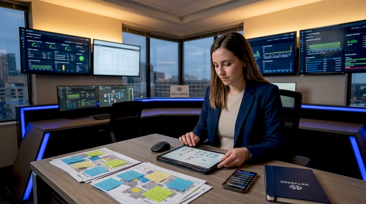 Engineer reviewing multi-site monitoring architecture