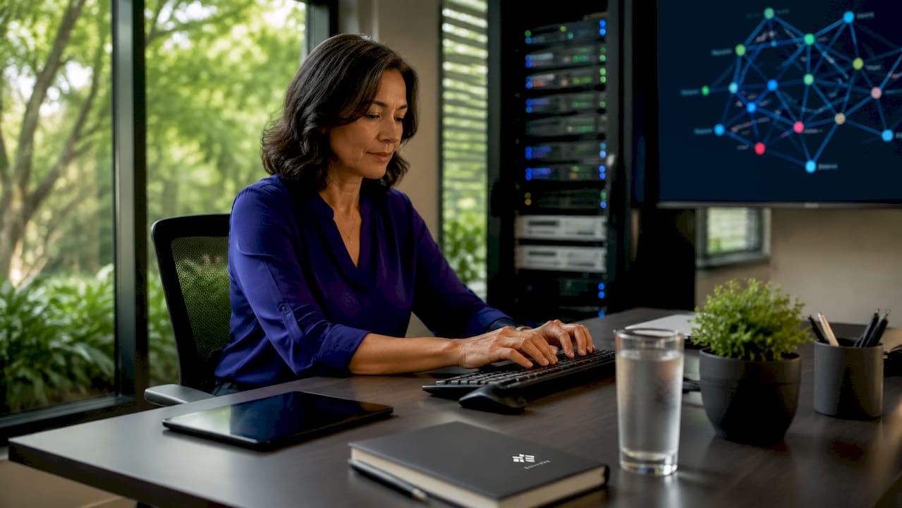 Close-up of hands typing in network operations center
