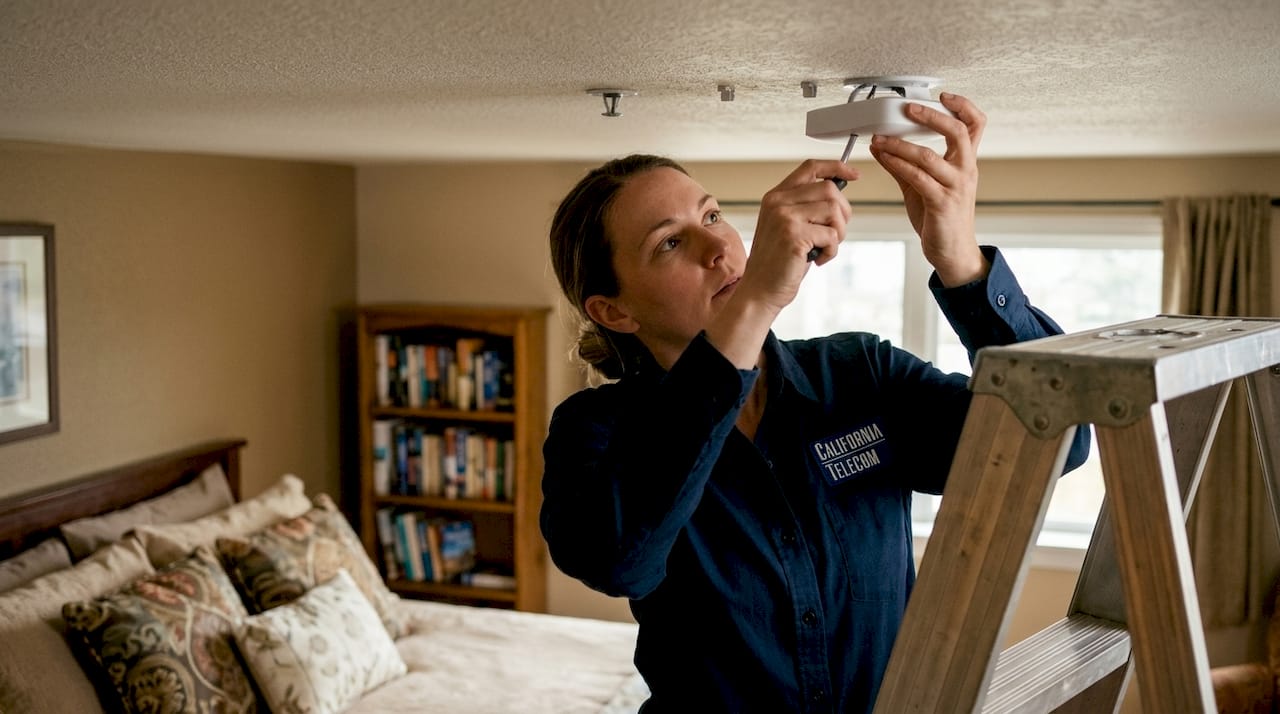 Technician installing WiFi access point in hotel room