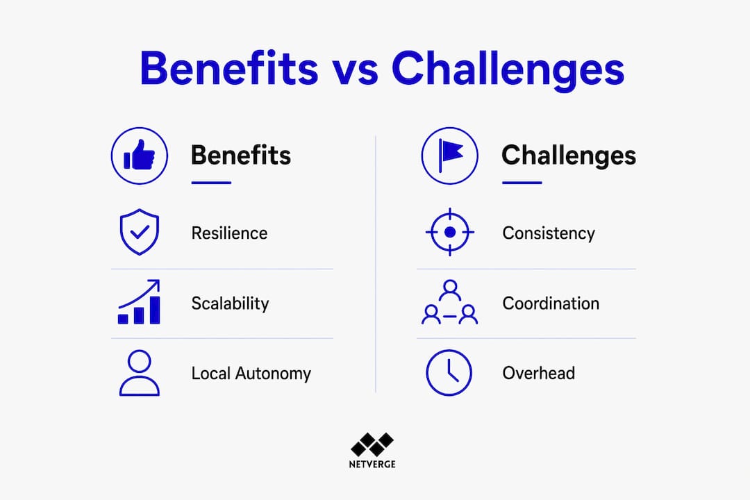 Infographic contrasting benefits and challenges of distributed network management