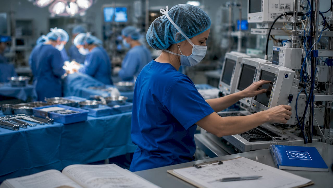 Surgical nurse adjusting networked devices during operation