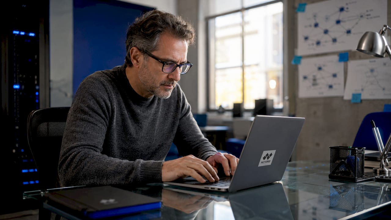 IT specialist typing on laptop in data center aisle