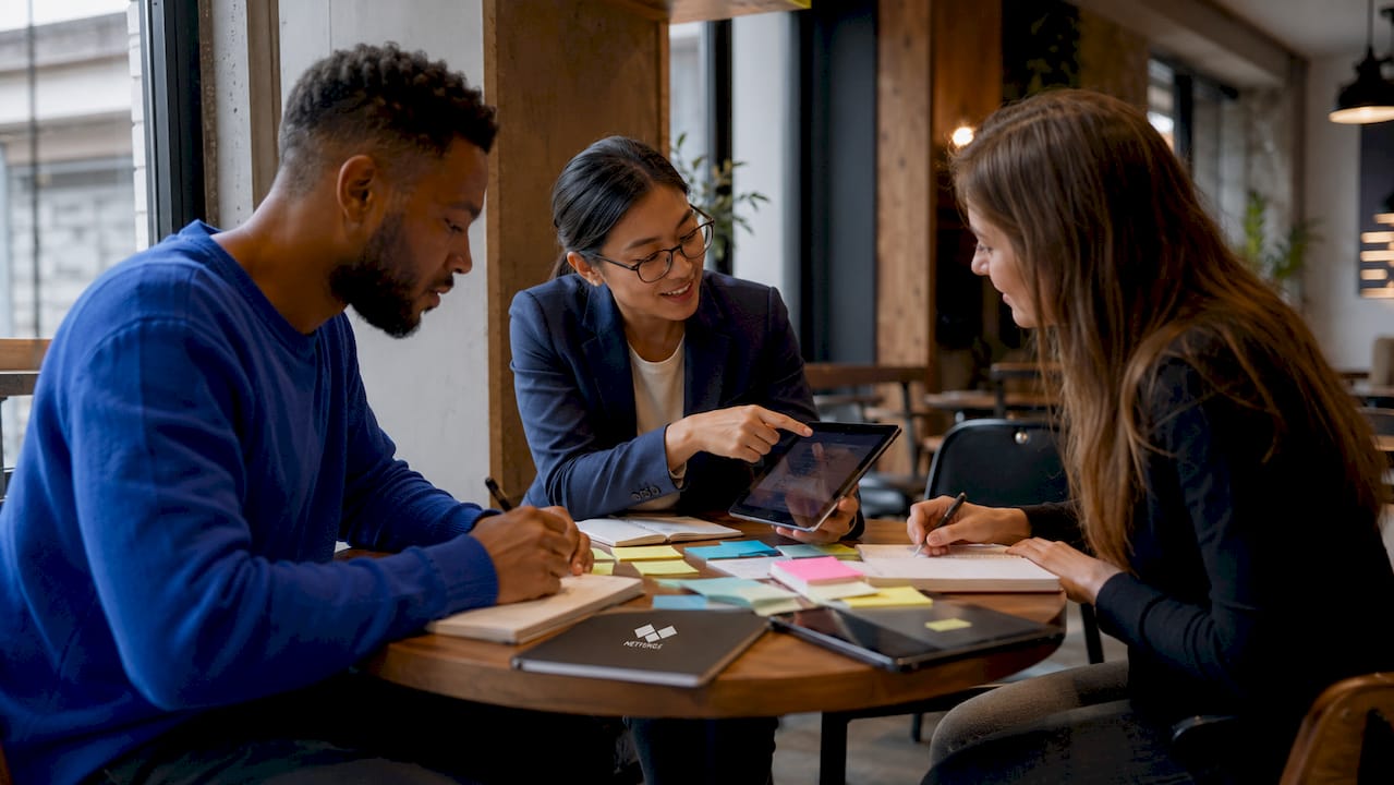 Team analyzing performance metrics around conference table