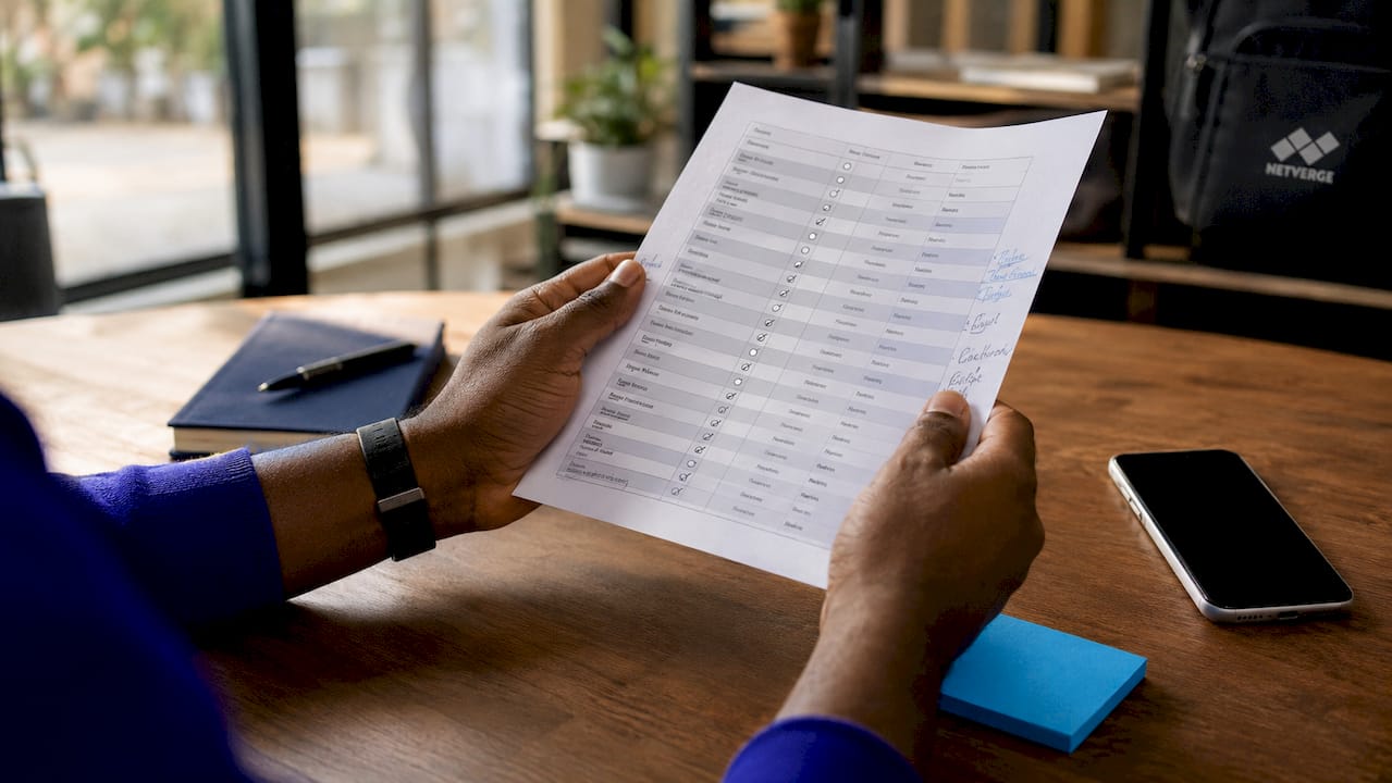 Hands verifying network device inventory checklist