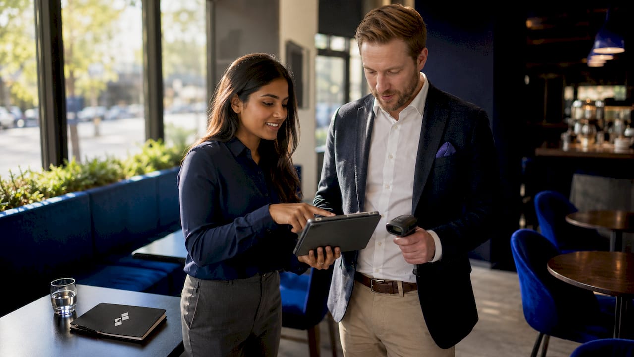 Two IT staff collaborating in server room
