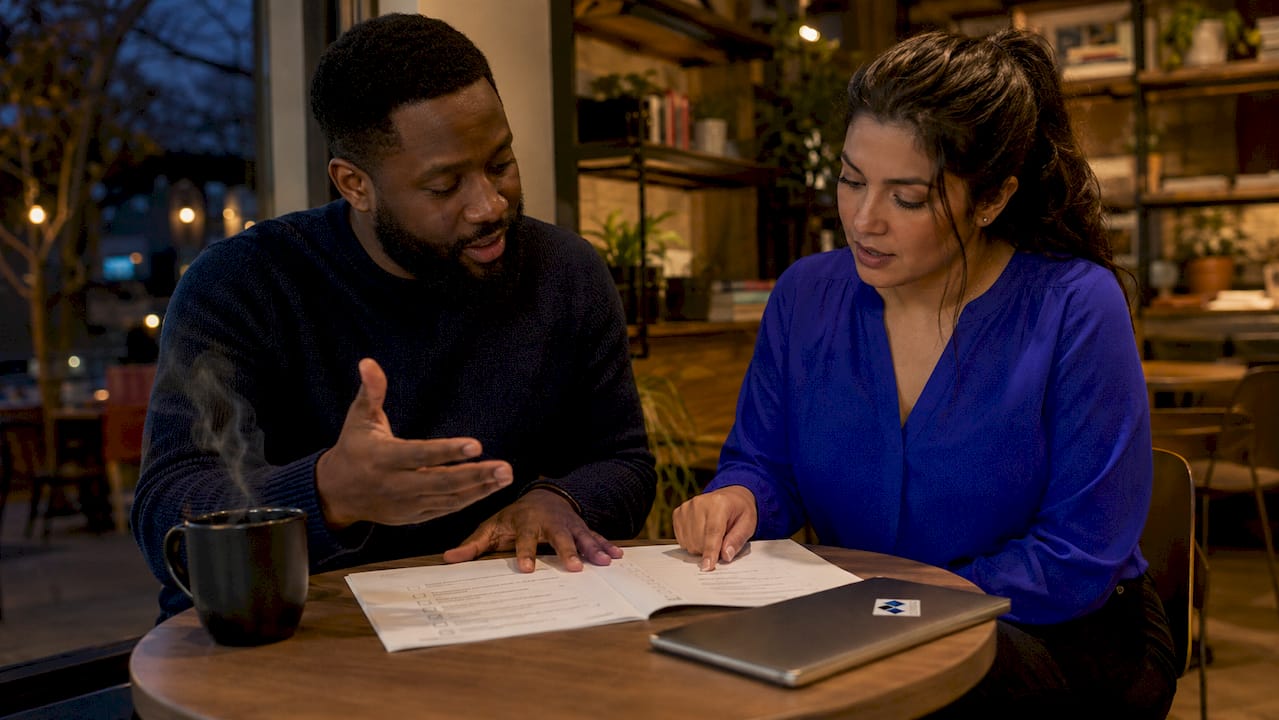 Hands pointing at pre-onboarding checklist on desk