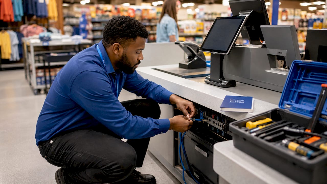 Technician connecting Ethernet to POS terminal