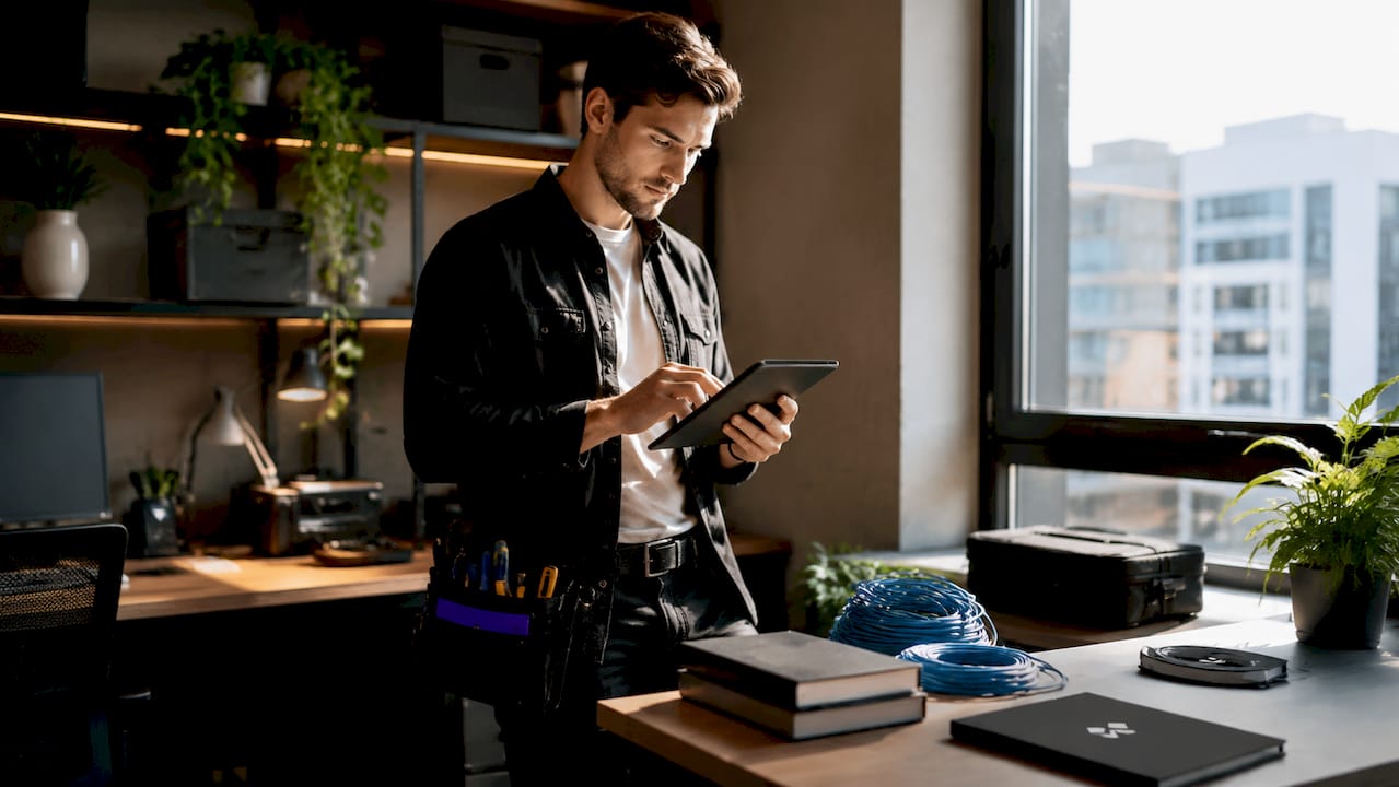 Technician managing automation workflows on tablet