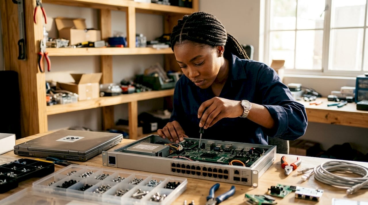 Technician inspecting network hardware repair