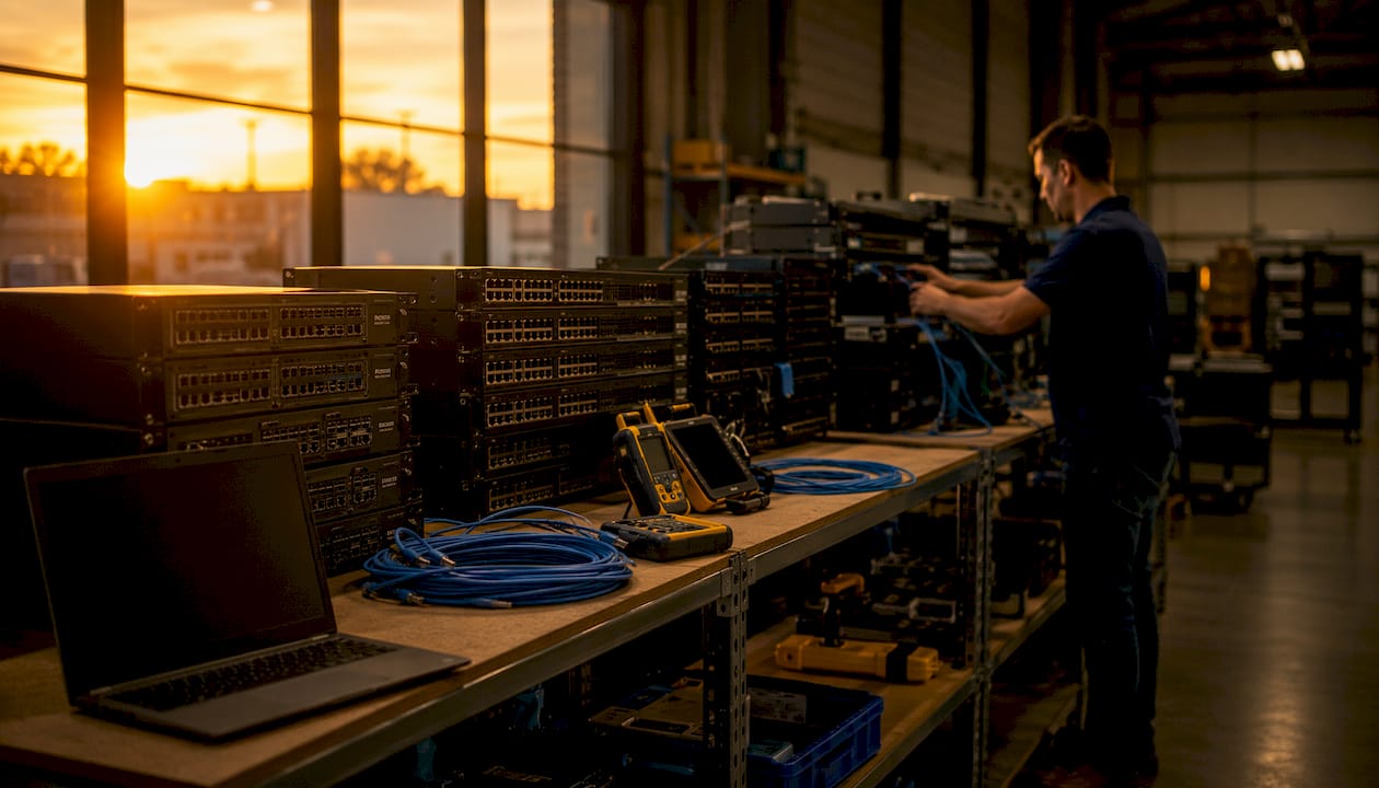 Technician preparing network equipment rack