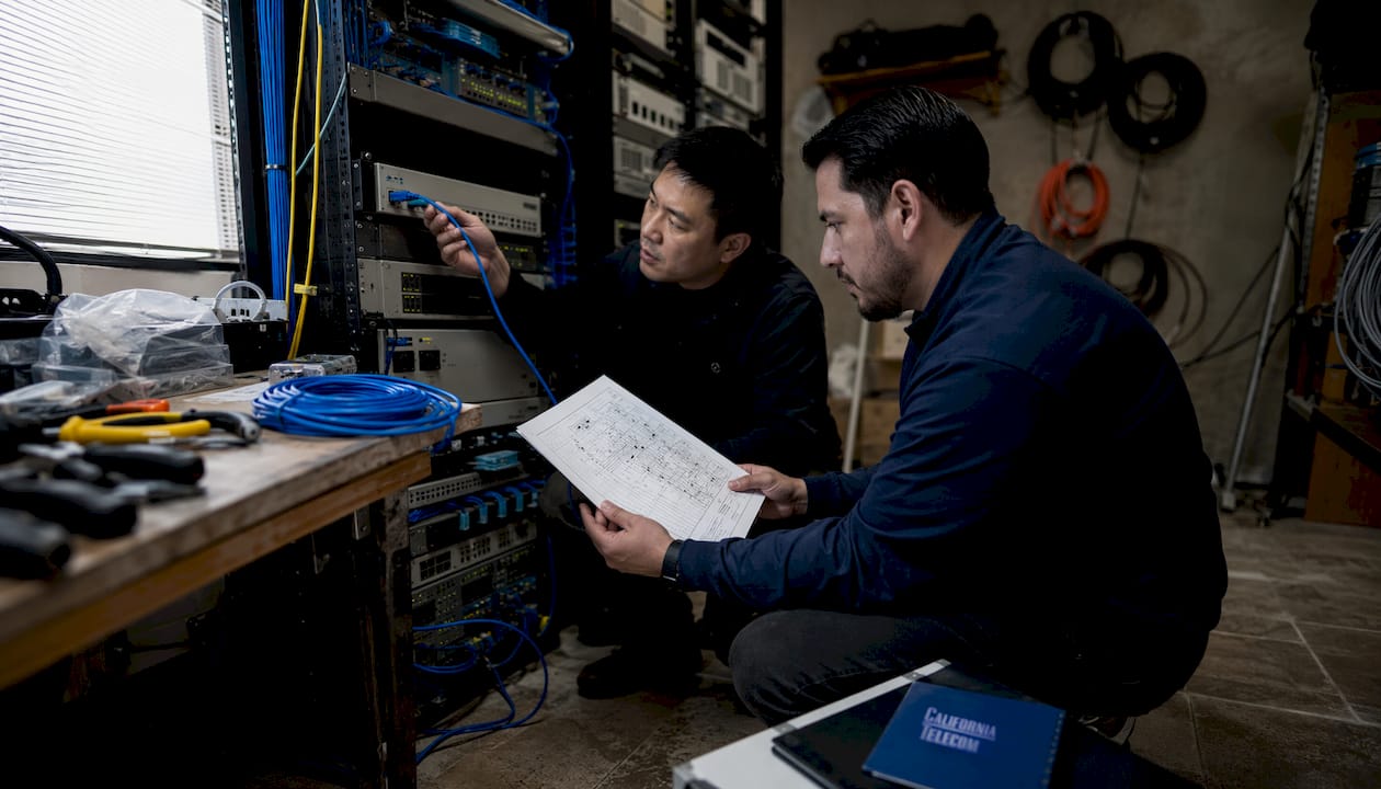 Two technicians configuring telecom backup lines