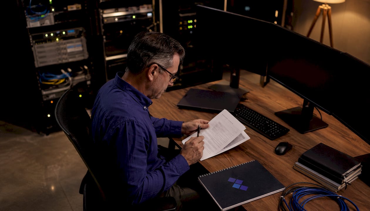 Engineer reviewing runbook in network center
