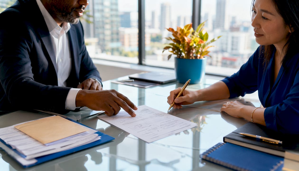 Two professionals reviewing telecom application forms