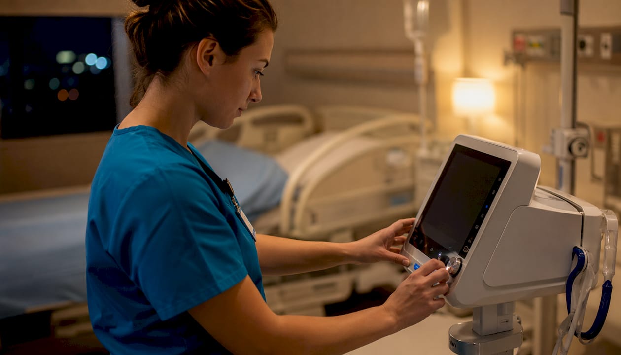 Nurse adjusting 5G connected medical device