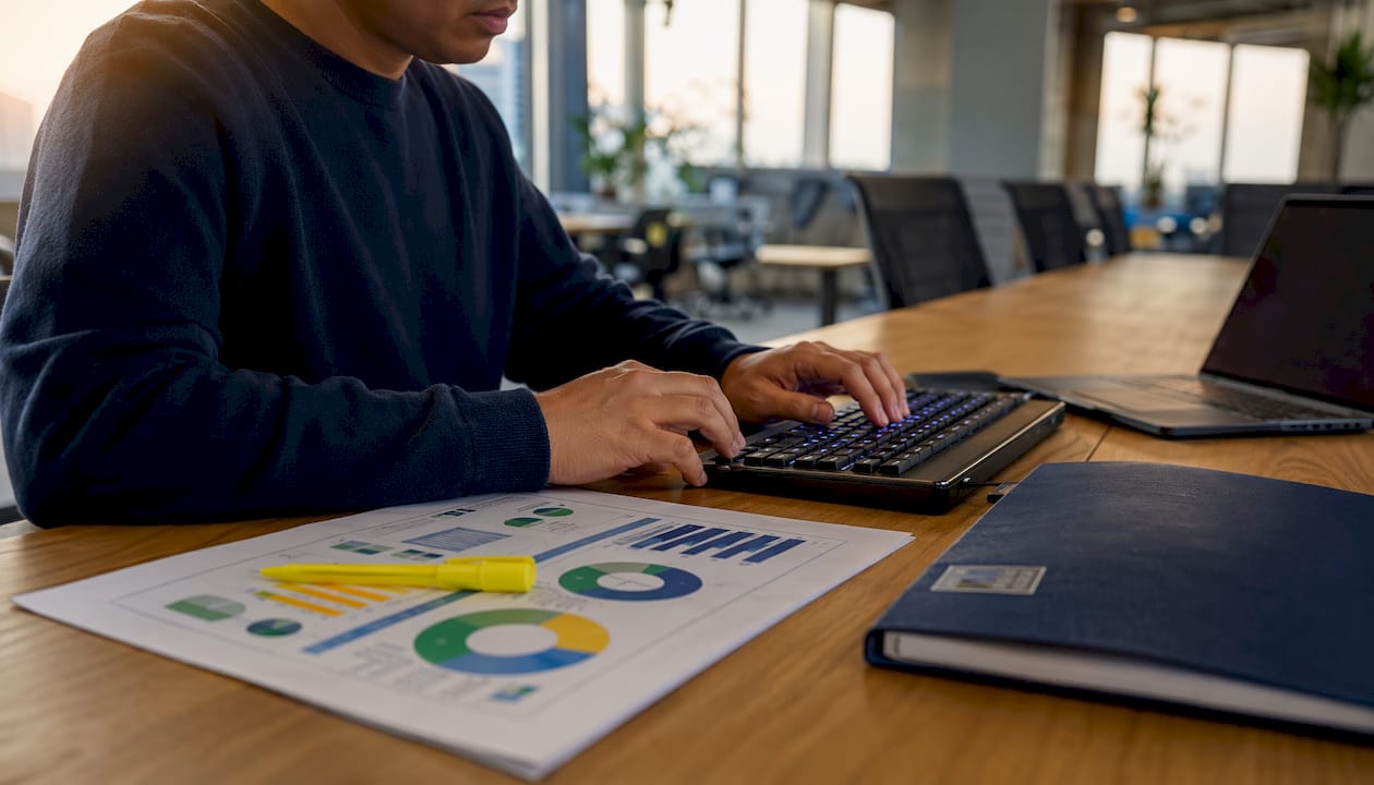 Hands typing with network data report on desk
